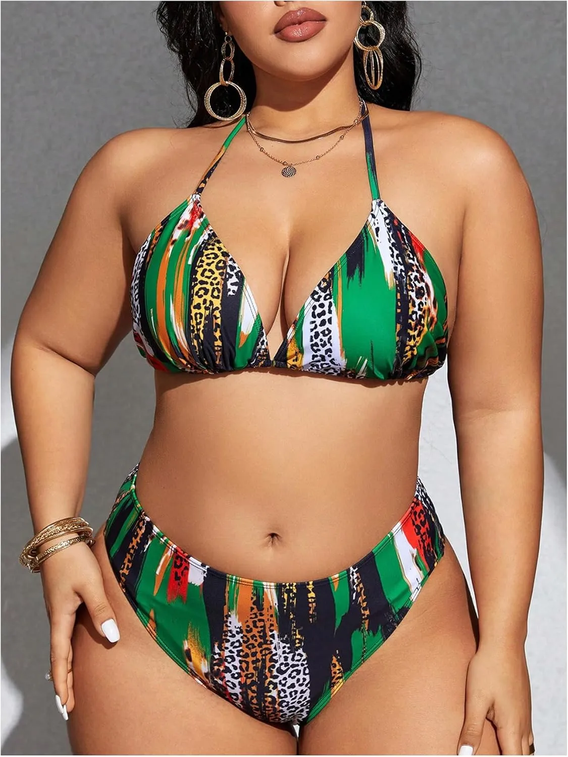 SHENHE Women's Plus Size Leopard Swimsuits 3 Pieces Halter Triangle Bikini Set with Cover Up