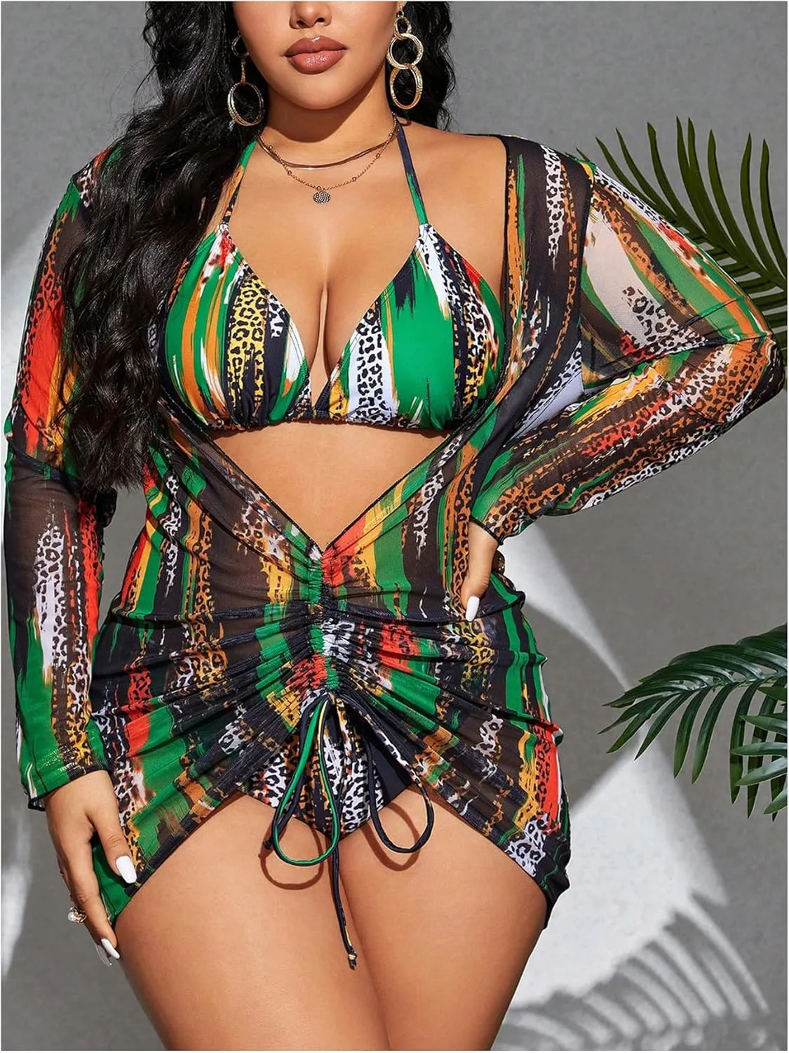 SHENHE Women's Plus Size Leopard Swimsuits 3 Pieces Halter Triangle Bikini Set with Cover Up