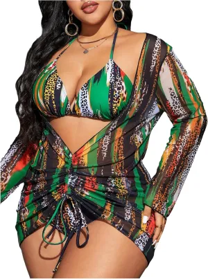 SHENHE Women's Plus Size Leopard Swimsuits 3 Pieces Halter Triangle Bikini Set with Cover Up