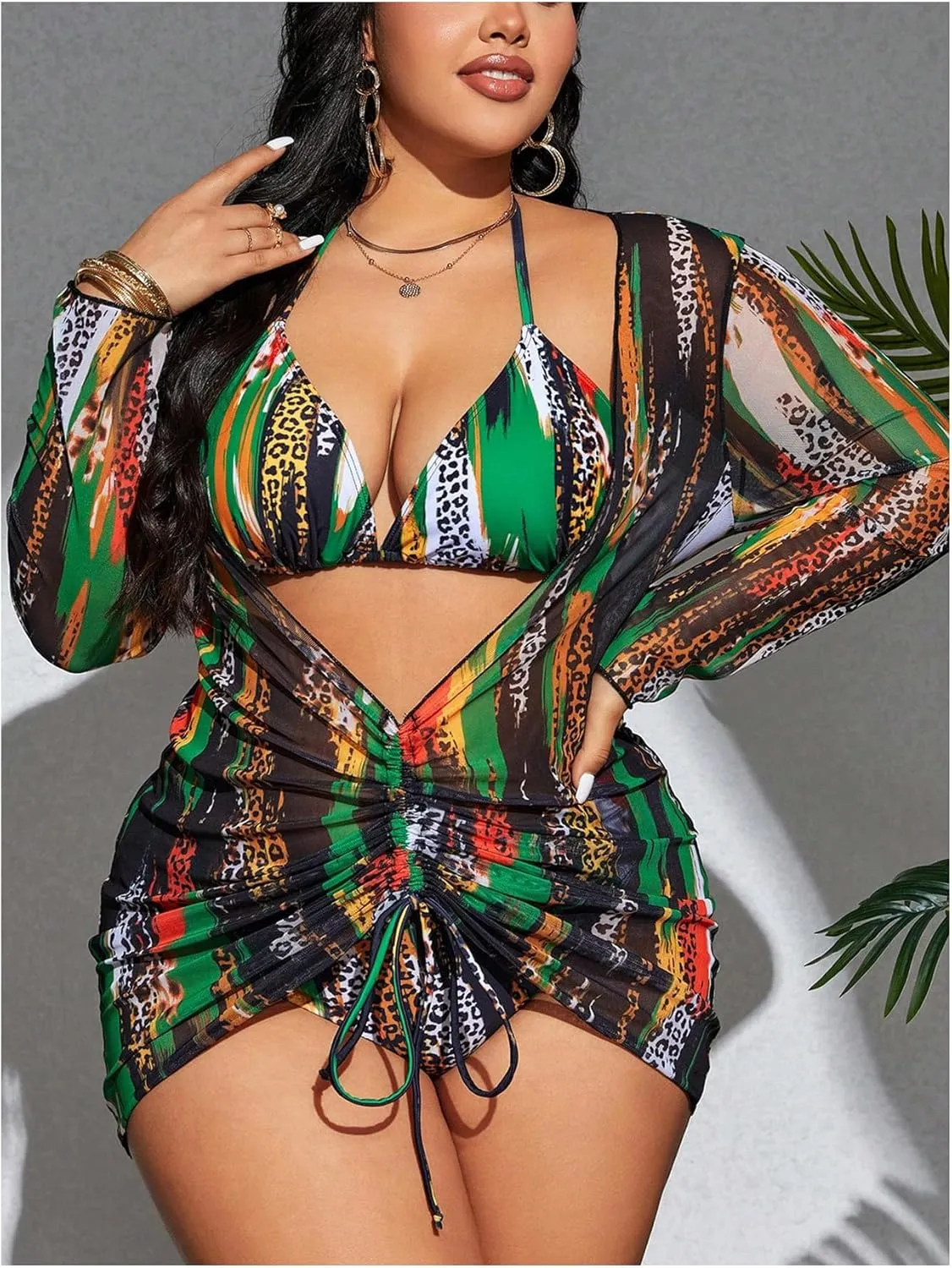 SHENHE Women's Plus Size Leopard Swimsuits 3 Pieces Halter Triangle Bikini Set with Cover Up