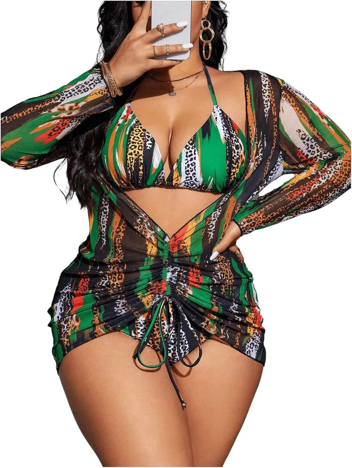 SHENHE Women's Plus Size Leopard Swimsuits 3 Pieces Halter Triangle Bikini Set with Cover Up