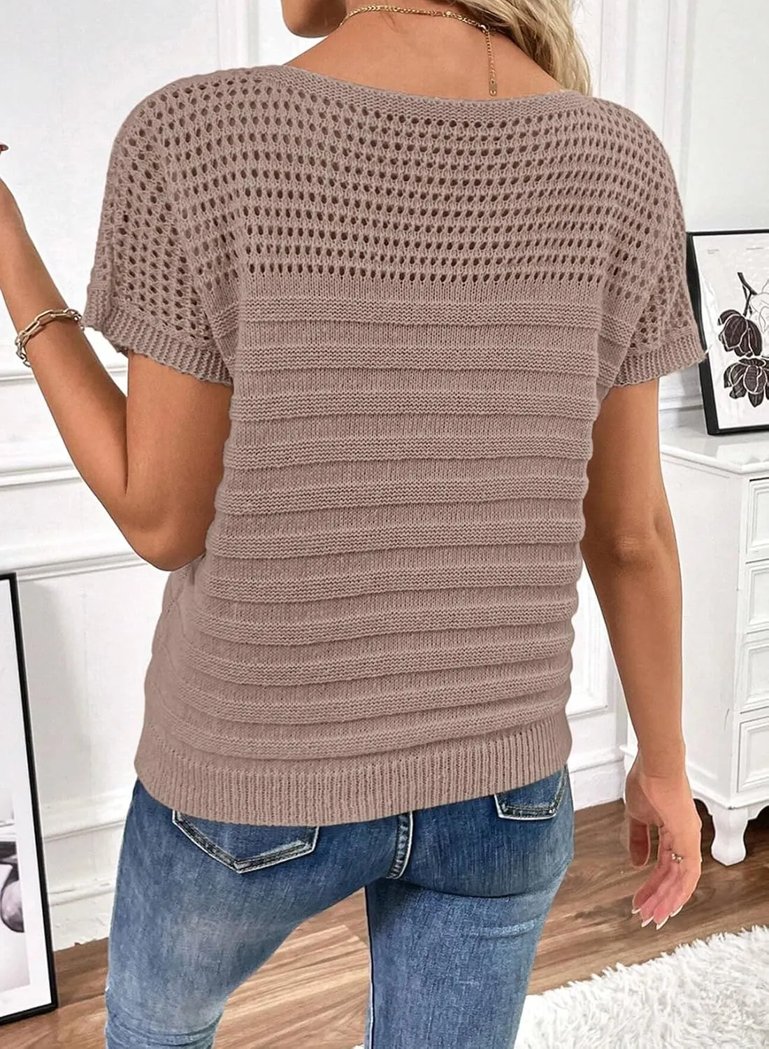 SHEWIN Womens Sweaters Crew Neck Short Sleeve Shirts Summer Tops Knit Hollow Out T Shirts Sweater Blouses
