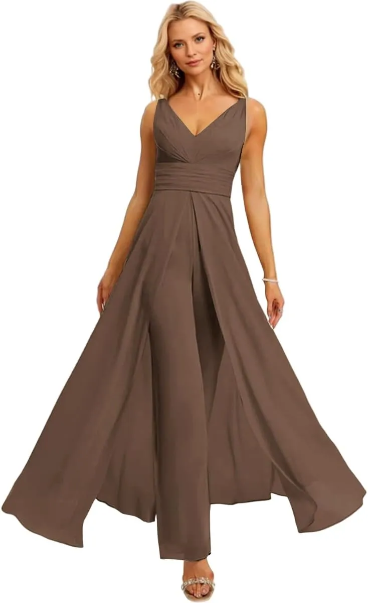 SHSUREVE Chiffon Bridesmaid Jumpsuit for Women V Neck Wedding Guest Formal Jumpsuit Pleated Pants Outfit