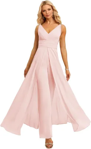 SHSUREVE Chiffon Bridesmaid Jumpsuit for Women V Neck Wedding Guest Formal Jumpsuit Pleated Pants Outfit