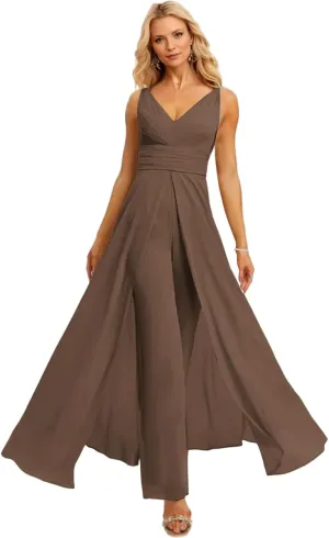 SHSUREVE Chiffon Bridesmaid Jumpsuit for Women V Neck Wedding Guest Formal Jumpsuit Pleated Pants Outfit