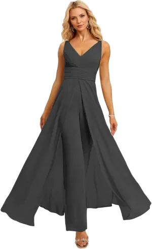 SHSUREVE Chiffon Bridesmaid Jumpsuit for Women V Neck Wedding Guest Formal Jumpsuit Pleated Pants Outfit
