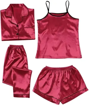 Silk Pajamas for Women Set 4Pcs Short Sleeve Shirts Sleeveless Tank Tops Lounge Bottoms and Satin Trousers Outfits Sleepwear