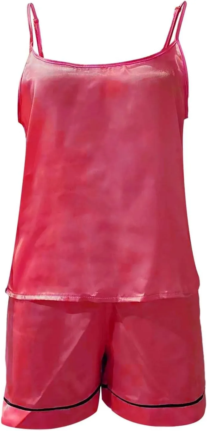 Silk Pajamas for Women Set 4Pcs Short Sleeve Shirts Sleeveless Tank Tops Lounge Bottoms and Satin Trousers Outfits Sleepwear