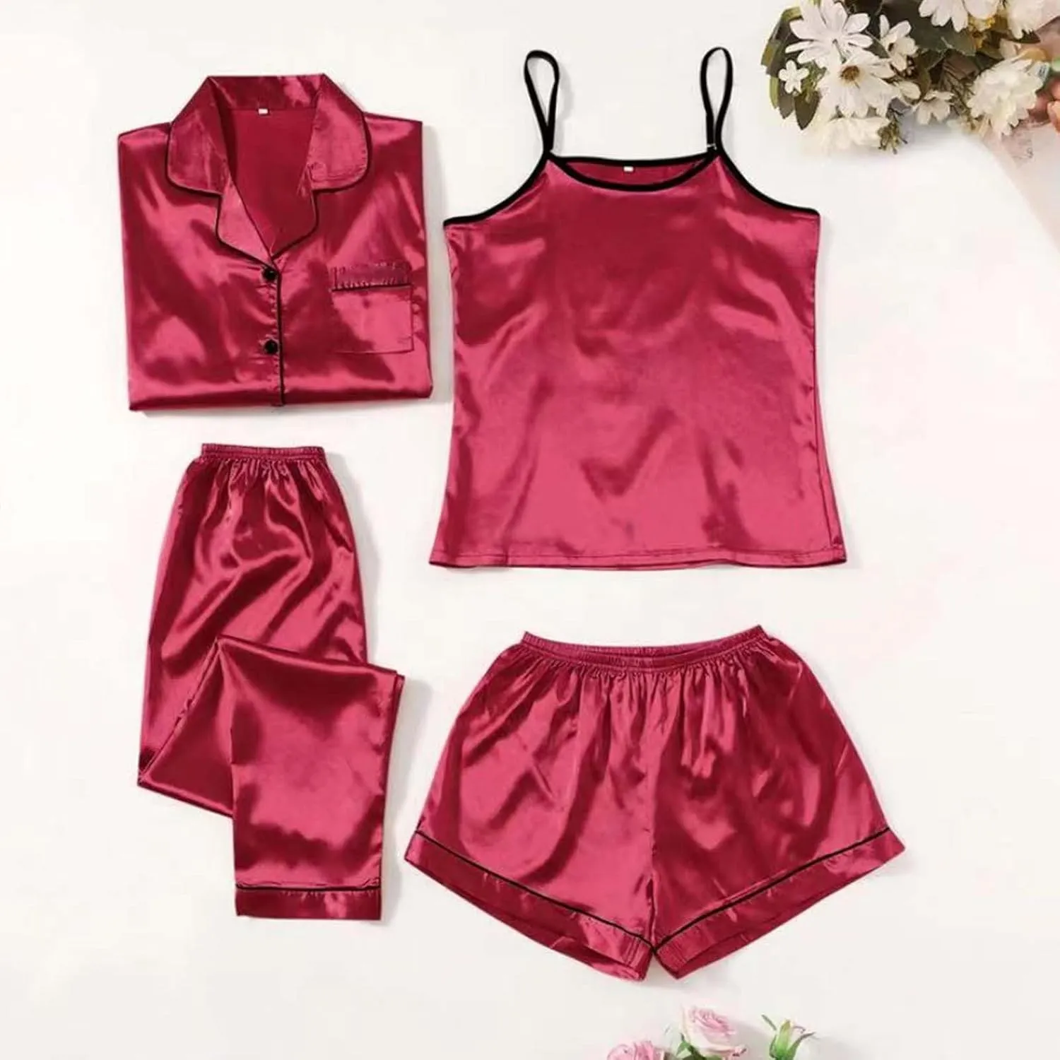 Silk Pajamas for Women Set 4Pcs Short Sleeve Shirts Sleeveless Tank Tops Lounge Bottoms and Satin Trousers Outfits Sleepwear