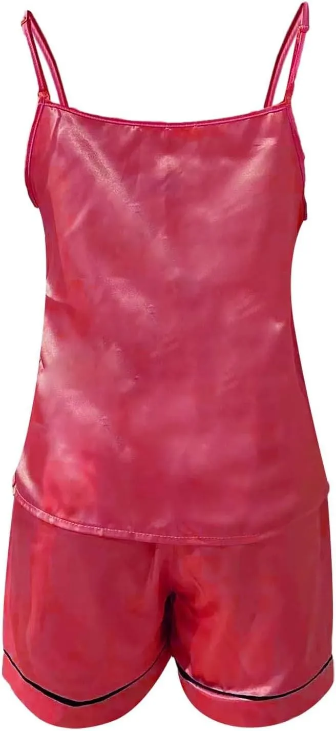 Silk Pajamas for Women Set 4Pcs Short Sleeve Shirts Sleeveless Tank Tops Lounge Bottoms and Satin Trousers Outfits Sleepwear