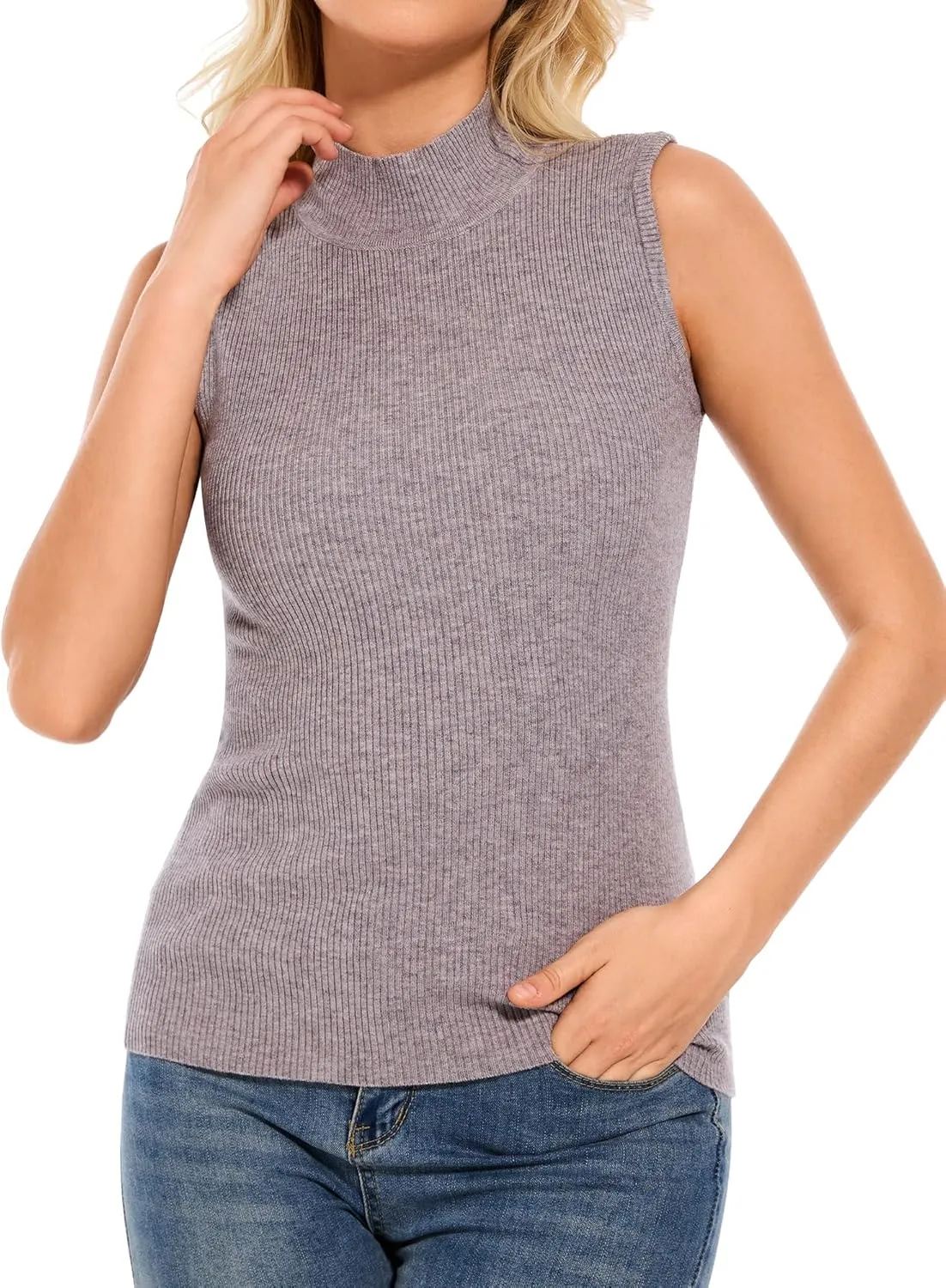 Sleeveless Mock Neck Tops for Women Ribbed Sweater Vest Mock Turtleneck Sleeveless Tops
