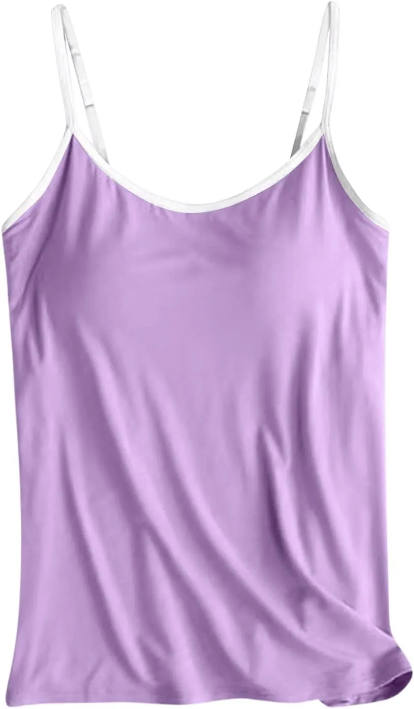 Sleeveless Summer Womens Tank Tops with Built in Bra, Basic Padded Top Adjustable Spaghetti Strap Shapewear Camisole