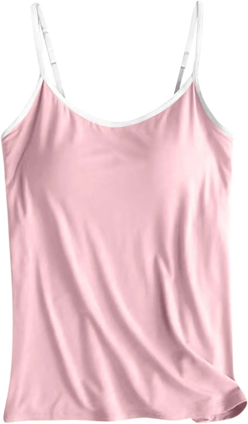 Sleeveless Summer Womens Tank Tops with Built in Bra, Basic Padded Top Adjustable Spaghetti Strap Shapewear Camisole