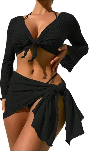 SOLY HUX Bathing Suit for Women 4 Piece Halter Triangle Bikini Sets Swimsuit with Cover Up