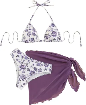 SOLY HUX Bikini Sets for Women 3 Piece Floral Print Halter Triangle Bathing Suit Swimsuit with Sarong Cover Up