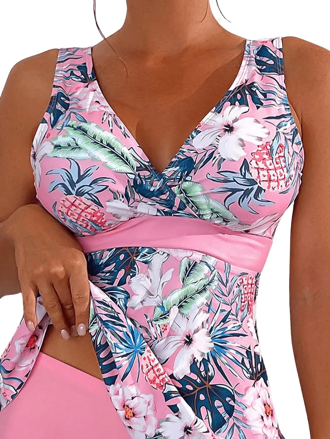 SOLY HUX Tankini Swimsuits for Women Tropical Print V Neck Tops and Shorts Bathing Suits Two Piece Swimsuit