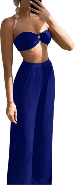 SOLY HUX Women's 3 Piece Swimsuit Bandeau Bikini Sets Bathing Suit with Cover Up Pants