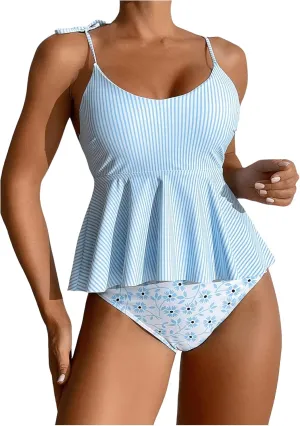 SOLY HUX Women's Bathing Suit Striped Ruffled Hem Bikini Tankini Two Piece Swimsuit