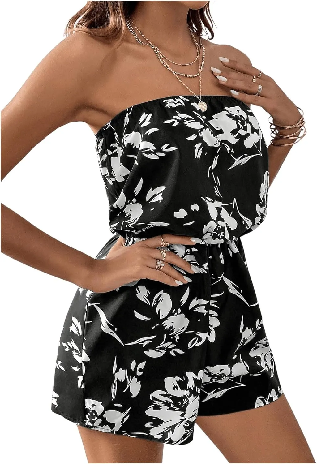 SOLY HUX Women's Floral Print Strapless Sleeveless Tube Romper Summer Short Jumpsuit