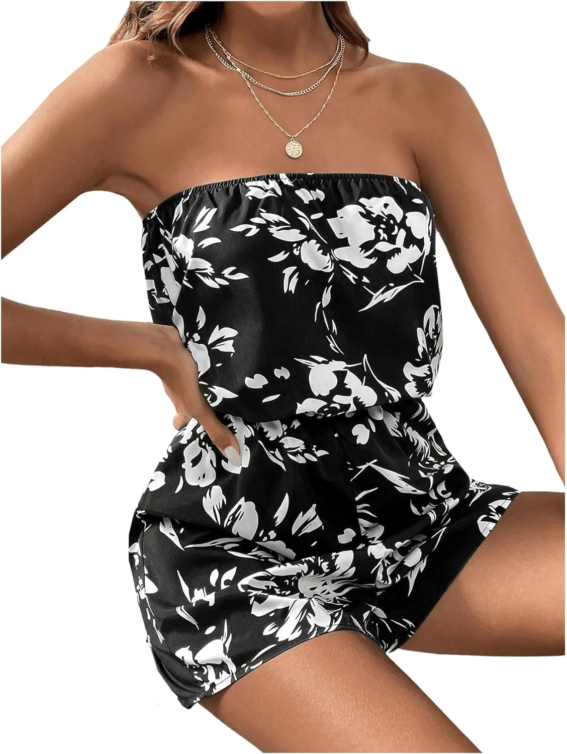 SOLY HUX Women's Floral Print Strapless Sleeveless Tube Romper Summer Short Jumpsuit