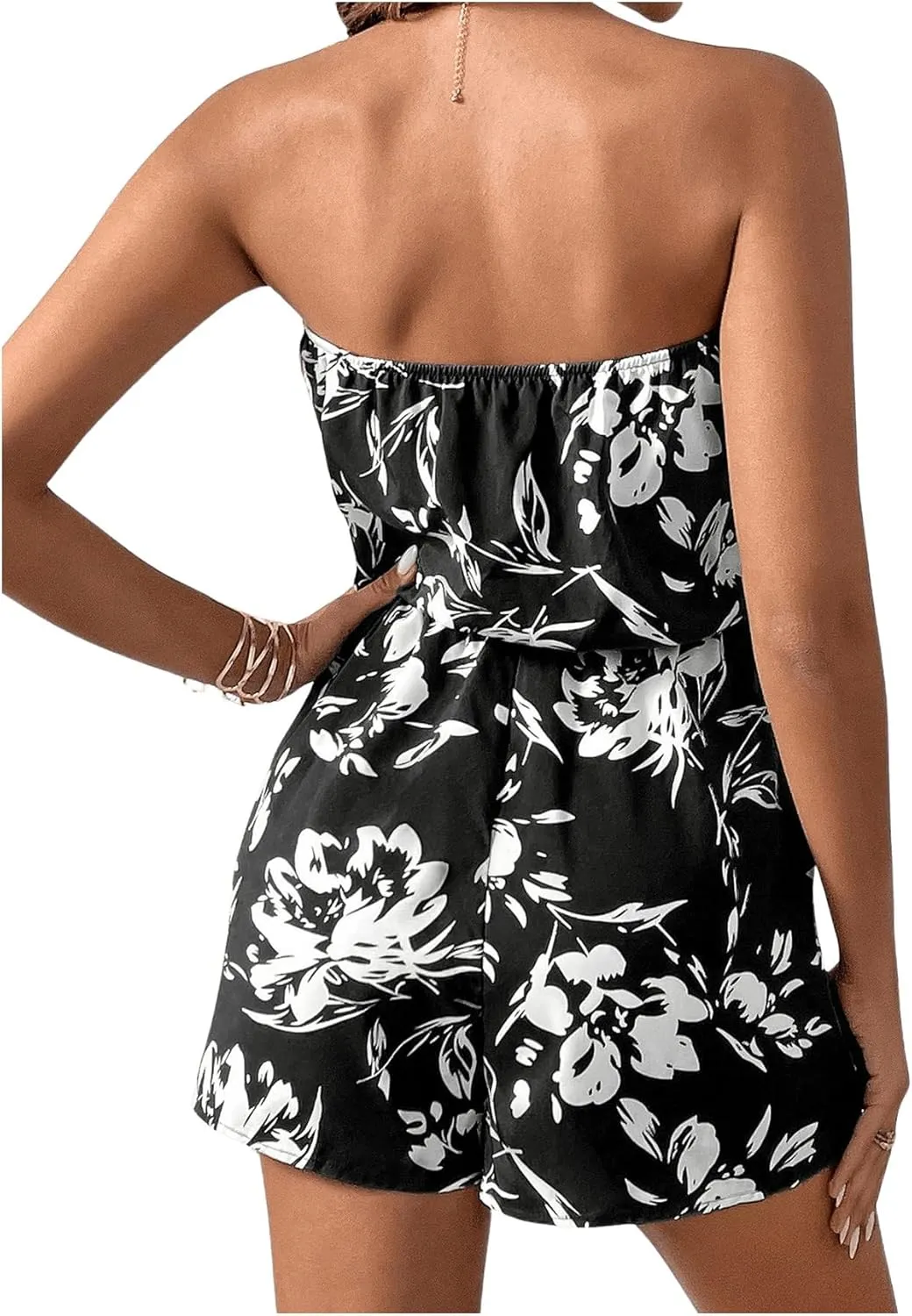 SOLY HUX Women's Floral Print Strapless Sleeveless Tube Romper Summer Short Jumpsuit