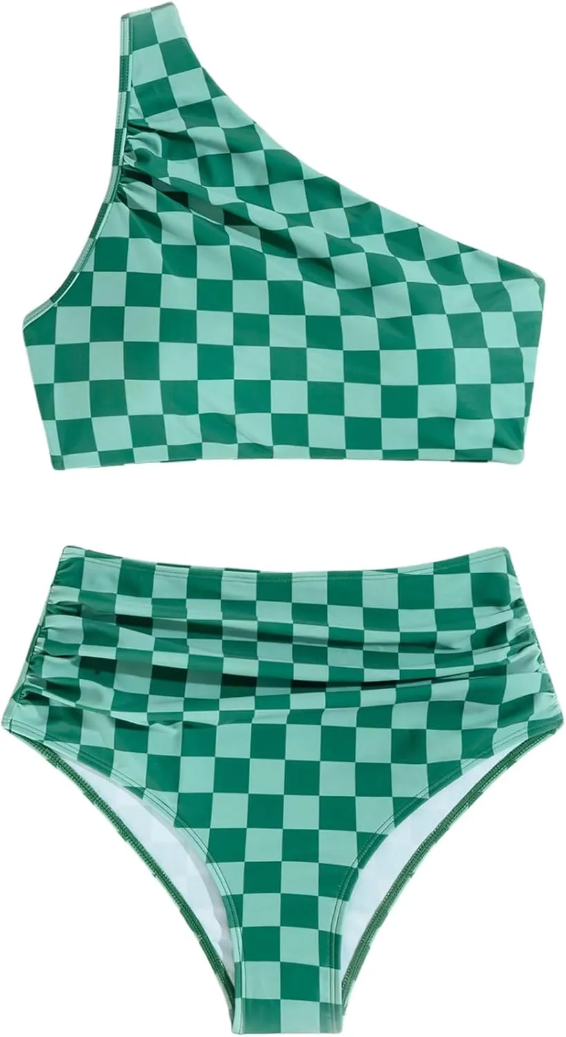 SOLY HUX Women's Plaid Bathing Suit Checkered Print One Shoulder Ruched High Waisted Bikini Set Two Piece Swimsuit