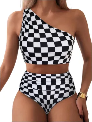 SOLY HUX Women's Plaid Bathing Suit Checkered Print One Shoulder Ruched High Waisted Bikini Set Two Piece Swimsuit