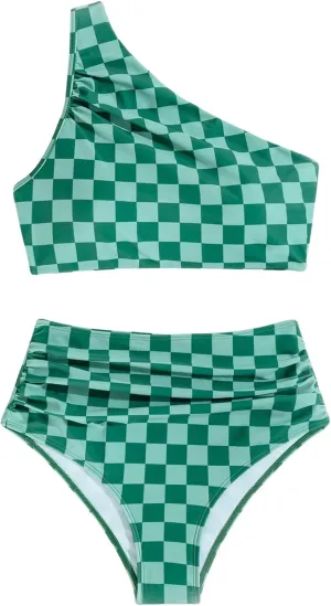 SOLY HUX Women's Plaid Bathing Suit Checkered Print One Shoulder Ruched High Waisted Bikini Set Two Piece Swimsuit