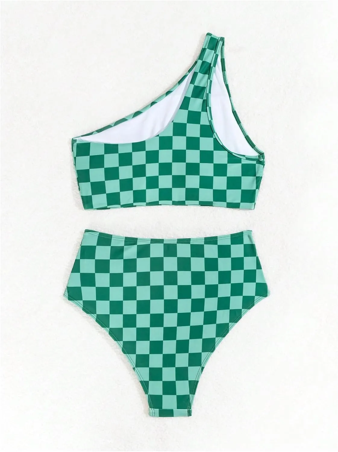 SOLY HUX Women's Plaid Bathing Suit Checkered Print One Shoulder Ruched High Waisted Bikini Set Two Piece Swimsuit