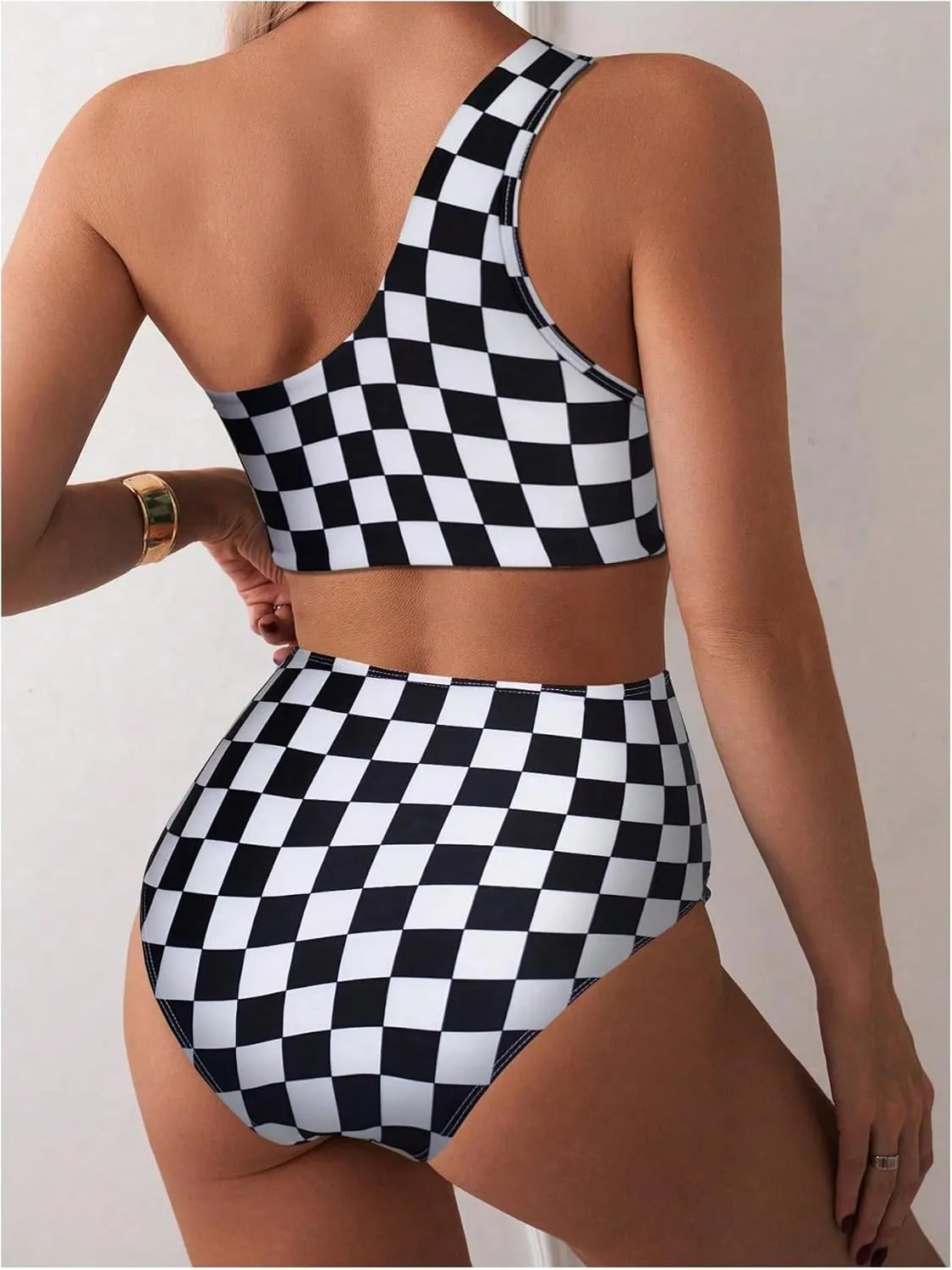 SOLY HUX Women's Plaid Bathing Suit Checkered Print One Shoulder Ruched High Waisted Bikini Set Two Piece Swimsuit