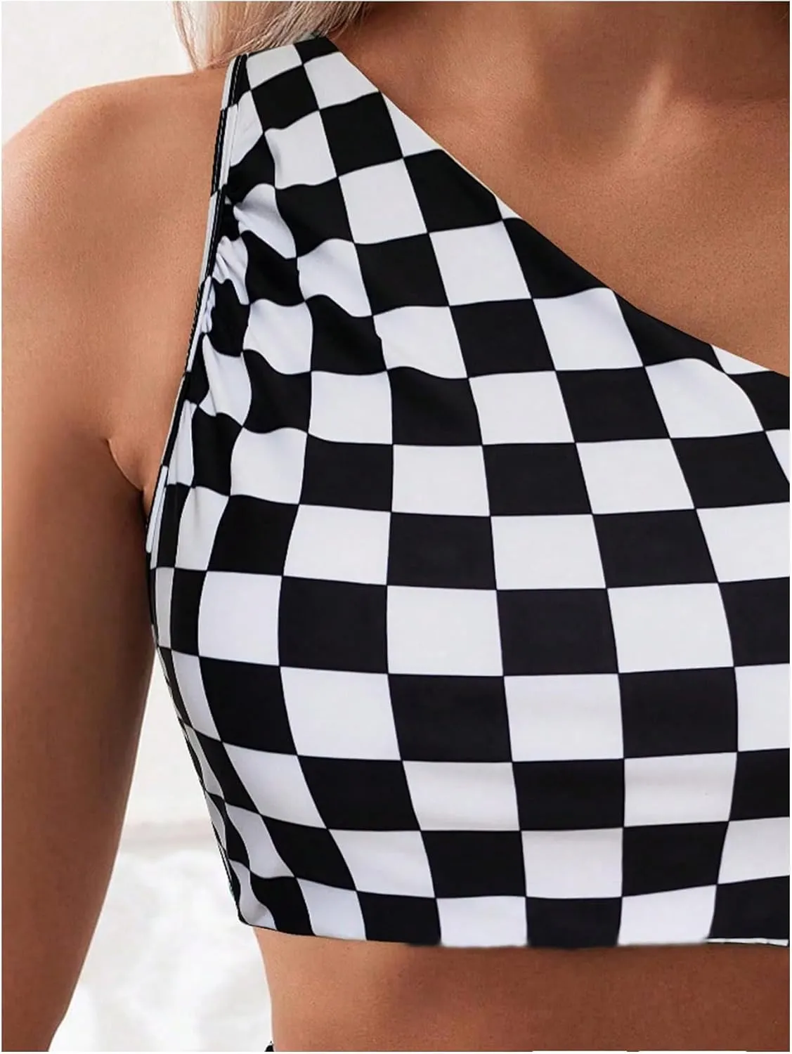 SOLY HUX Women's Plaid Bathing Suit Checkered Print One Shoulder Ruched High Waisted Bikini Set Two Piece Swimsuit