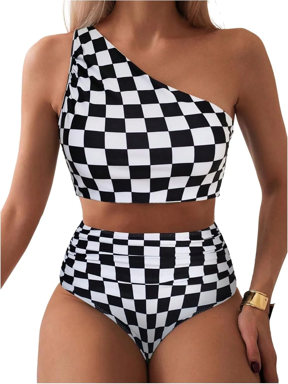 SOLY HUX Women's Plaid Bathing Suit Checkered Print One Shoulder Ruched High Waisted Bikini Set Two Piece Swimsuit