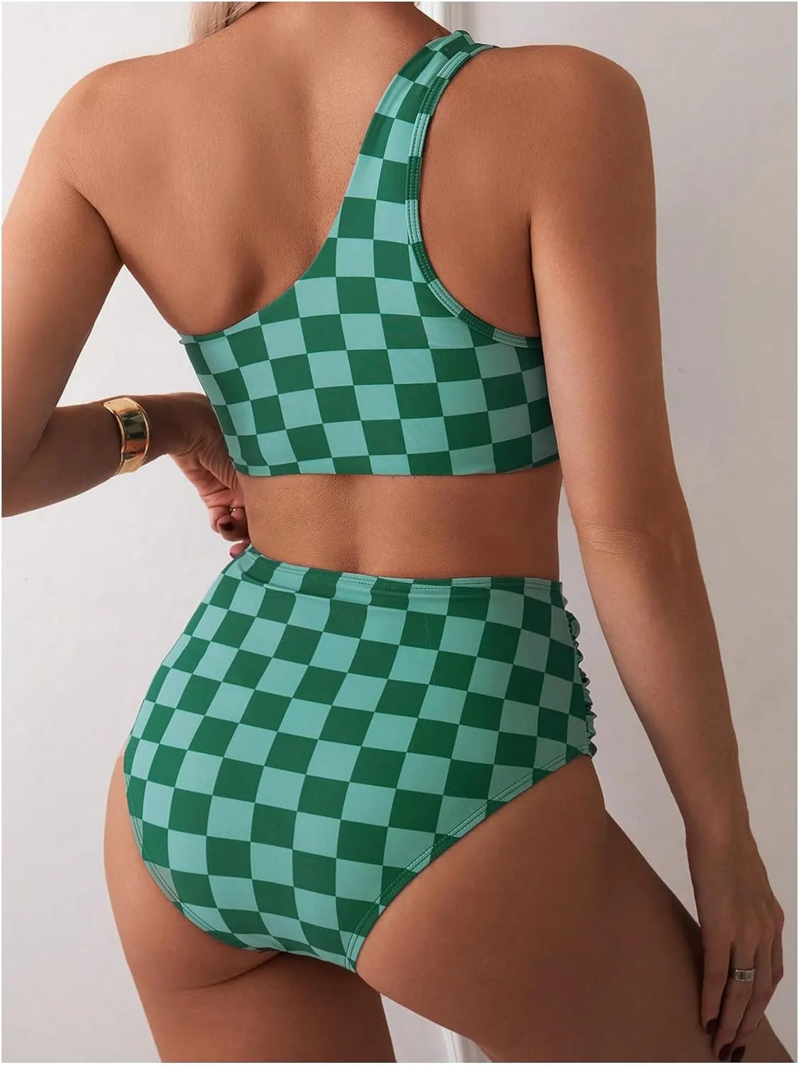 SOLY HUX Women's Plaid Bathing Suit Checkered Print One Shoulder Ruched High Waisted Bikini Set Two Piece Swimsuit