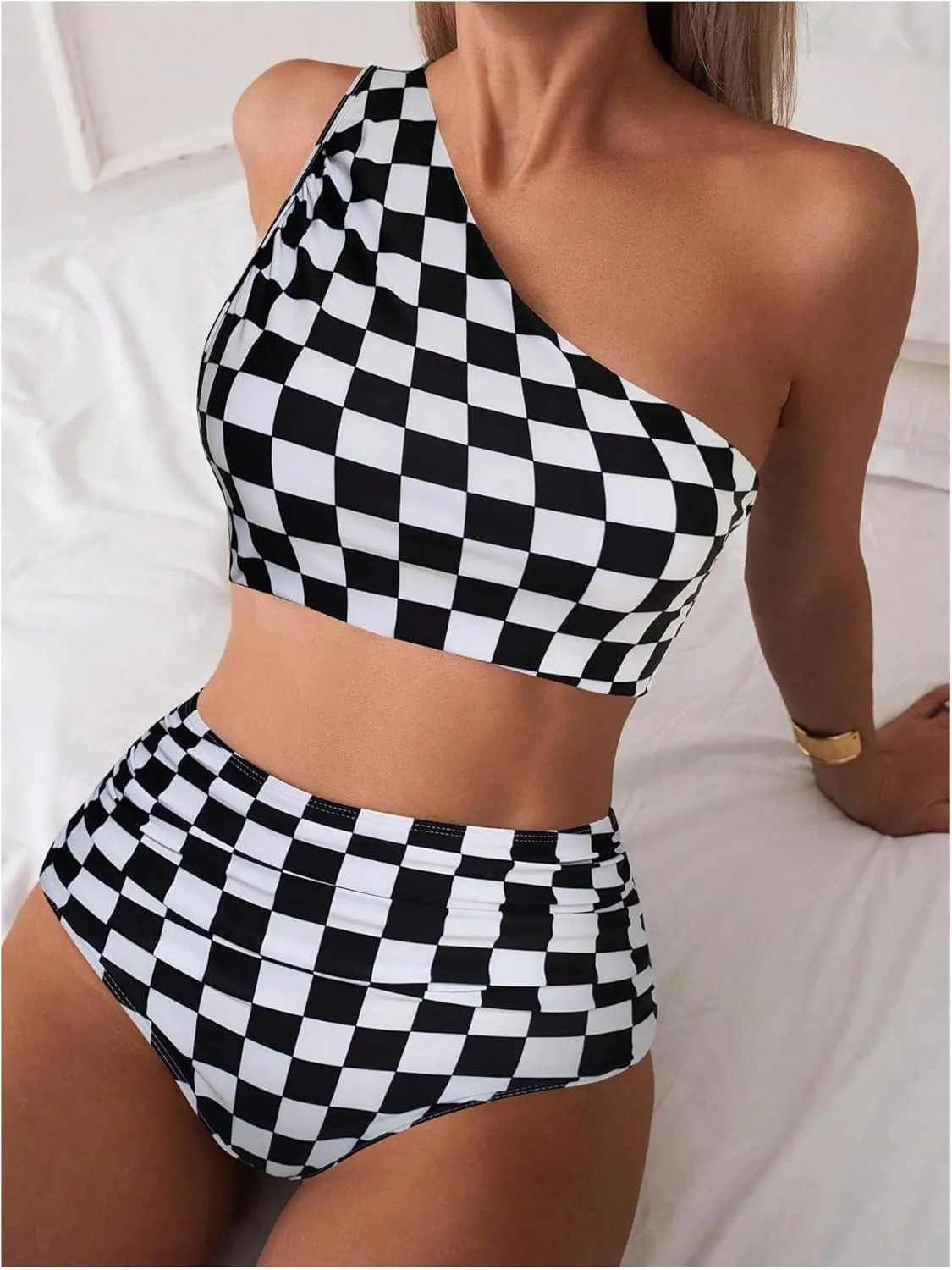 SOLY HUX Women's Plaid Bathing Suit Checkered Print One Shoulder Ruched High Waisted Bikini Set Two Piece Swimsuit