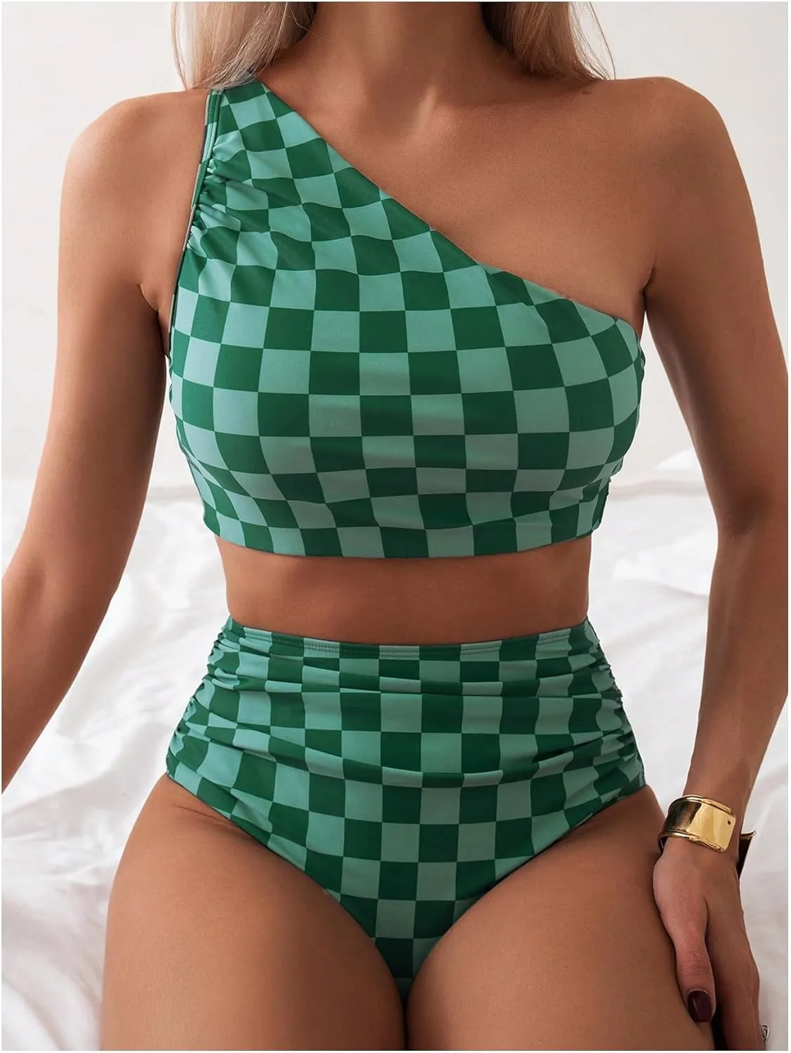 SOLY HUX Women's Plaid Bathing Suit Checkered Print One Shoulder Ruched High Waisted Bikini Set Two Piece Swimsuit
