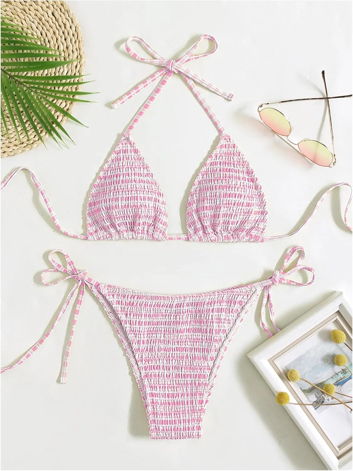 SOLY HUX Women's Plaid Gingham Bikini Sets Halter String Triangle Tie Side Bathing Suit Two Piece Swimsuit