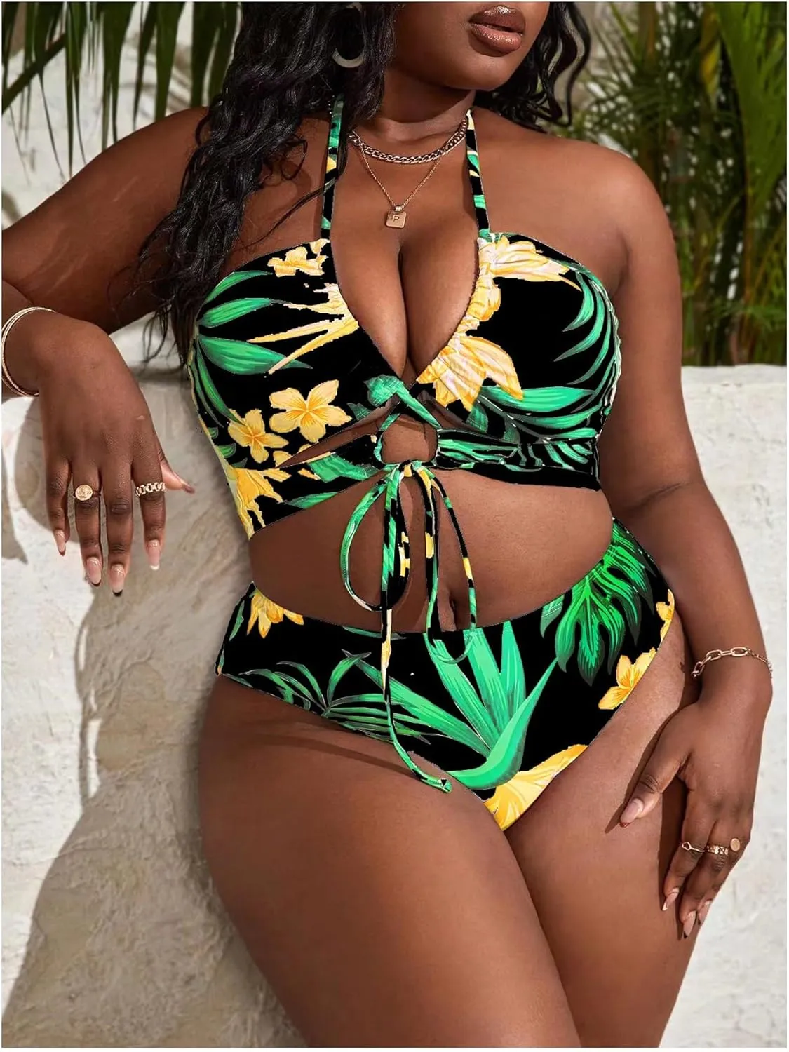 SOLY HUX Women's Plus Size 3 Piece Swimsuits Floral Print Halter Bikini Sets Bathing Suit with Beach Skirt