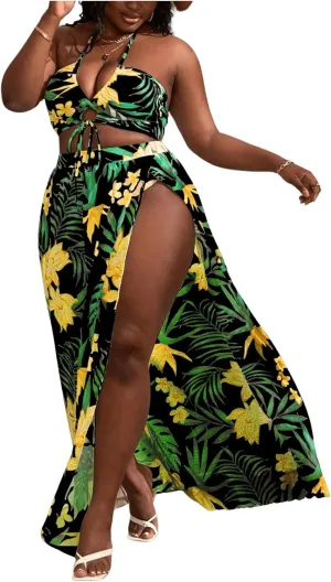SOLY HUX Women's Plus Size 3 Piece Swimsuits Floral Print Halter Bikini Sets Bathing Suit with Beach Skirt