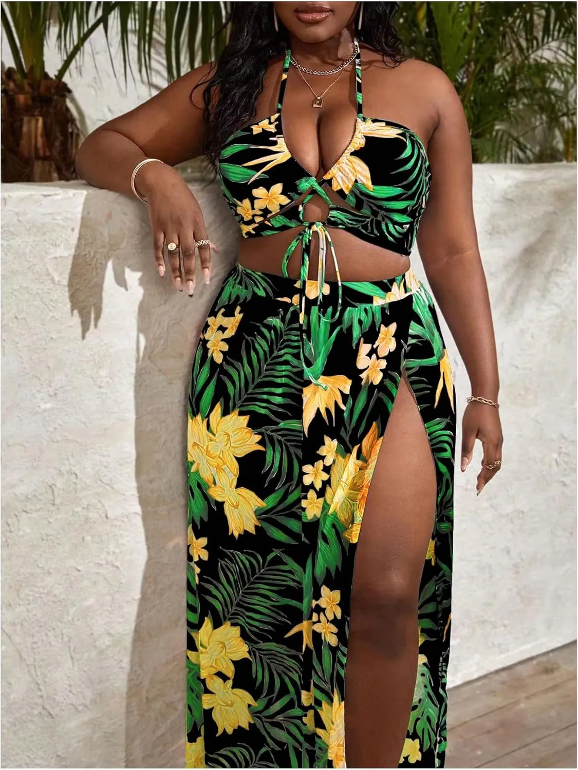 SOLY HUX Women's Plus Size 3 Piece Swimsuits Floral Print Halter Bikini Sets Bathing Suit with Beach Skirt