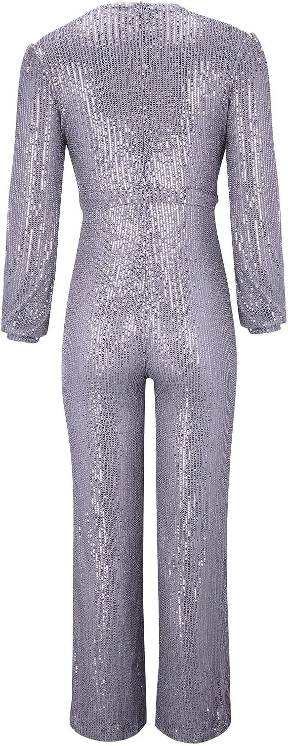 Sparkly Jumpsuits for Women Dressy Formal Plus Size Long Sleeve Sequin Party Rompers Sexy V Neck Wide Leg Pants Suit