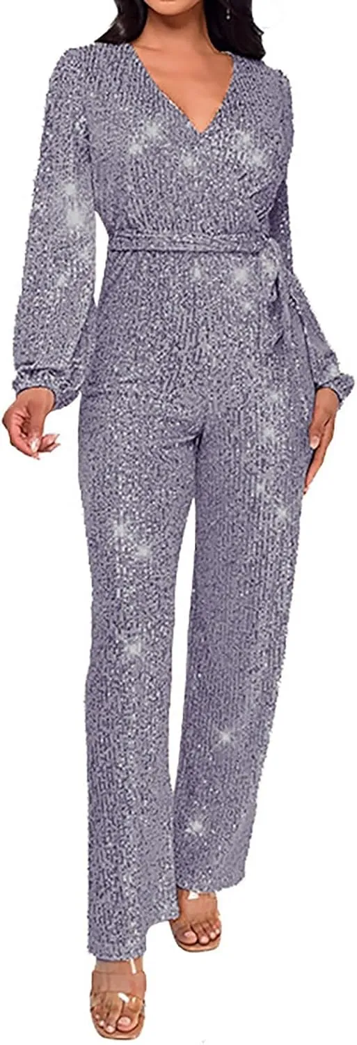 Sparkly Jumpsuits for Women Dressy Formal Plus Size Long Sleeve Sequin Party Rompers Sexy V Neck Wide Leg Pants Suit