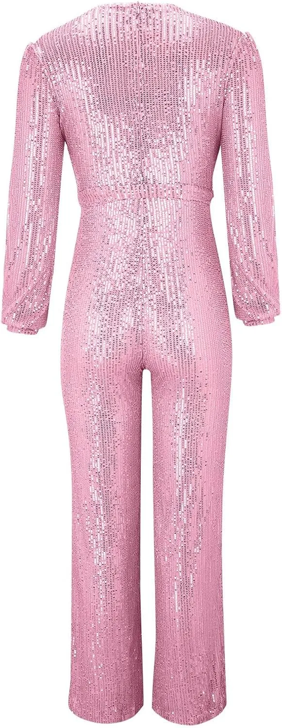 Sparkly Jumpsuits for Women Dressy Formal Plus Size Long Sleeve Sequin Party Rompers Sexy V Neck Wide Leg Pants Suit