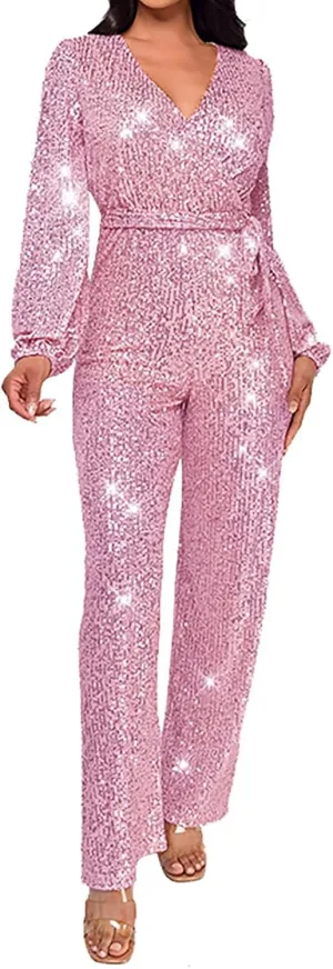 Sparkly Jumpsuits for Women Dressy Formal Plus Size Long Sleeve Sequin Party Rompers Sexy V Neck Wide Leg Pants Suit