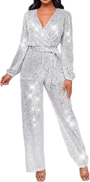 Sparkly Jumpsuits for Women Dressy Formal Plus Size Long Sleeve Sequin Party Rompers Sexy V Neck Wide Leg Pants Suit
