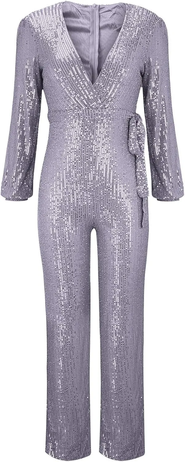 Sparkly Jumpsuits for Women Dressy Formal Plus Size Long Sleeve Sequin Party Rompers Sexy V Neck Wide Leg Pants Suit