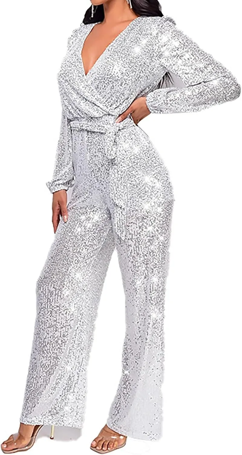 Sparkly Jumpsuits for Women Dressy Formal Plus Size Long Sleeve Sequin Party Rompers Sexy V Neck Wide Leg Pants Suit