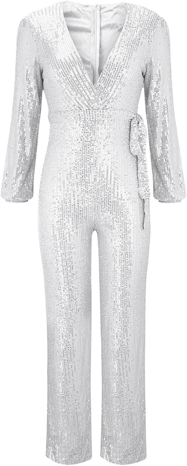 Sparkly Jumpsuits for Women Dressy Formal Plus Size Long Sleeve Sequin Party Rompers Sexy V Neck Wide Leg Pants Suit