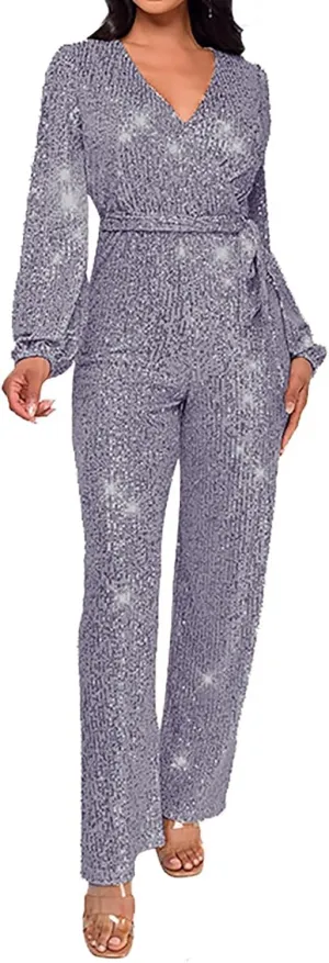 Sparkly Jumpsuits for Women Dressy Formal Plus Size Long Sleeve Sequin Party Rompers Sexy V Neck Wide Leg Pants Suit