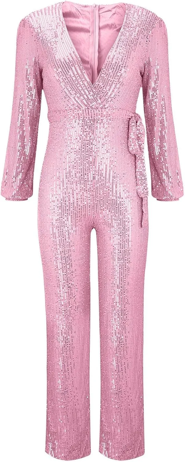 Sparkly Jumpsuits for Women Dressy Formal Plus Size Long Sleeve Sequin Party Rompers Sexy V Neck Wide Leg Pants Suit
