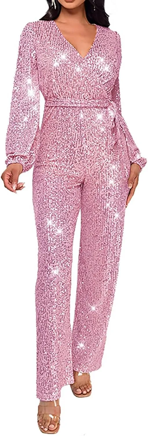 Sparkly Jumpsuits for Women Dressy Formal Plus Size Long Sleeve Sequin Party Rompers Sexy V Neck Wide Leg Pants Suit
